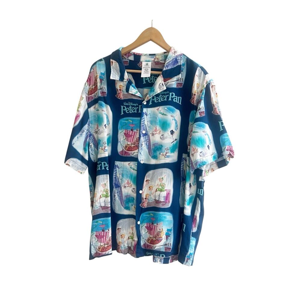 Disney Shirt Adult XL Blue Peter Pan Tinker Bell Button Up Woven Shirt Parks